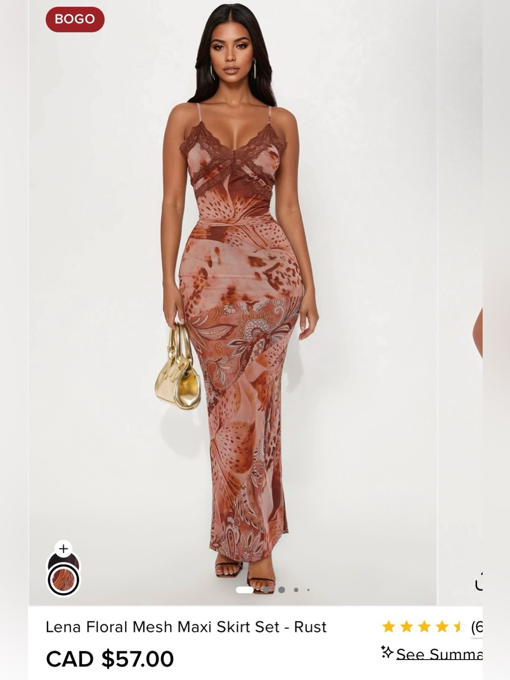 Rust Floral Mesh Maxi Dress with Lace Trim